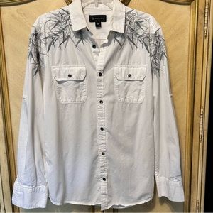 INC White Gray Embroidered Button Front Shirt